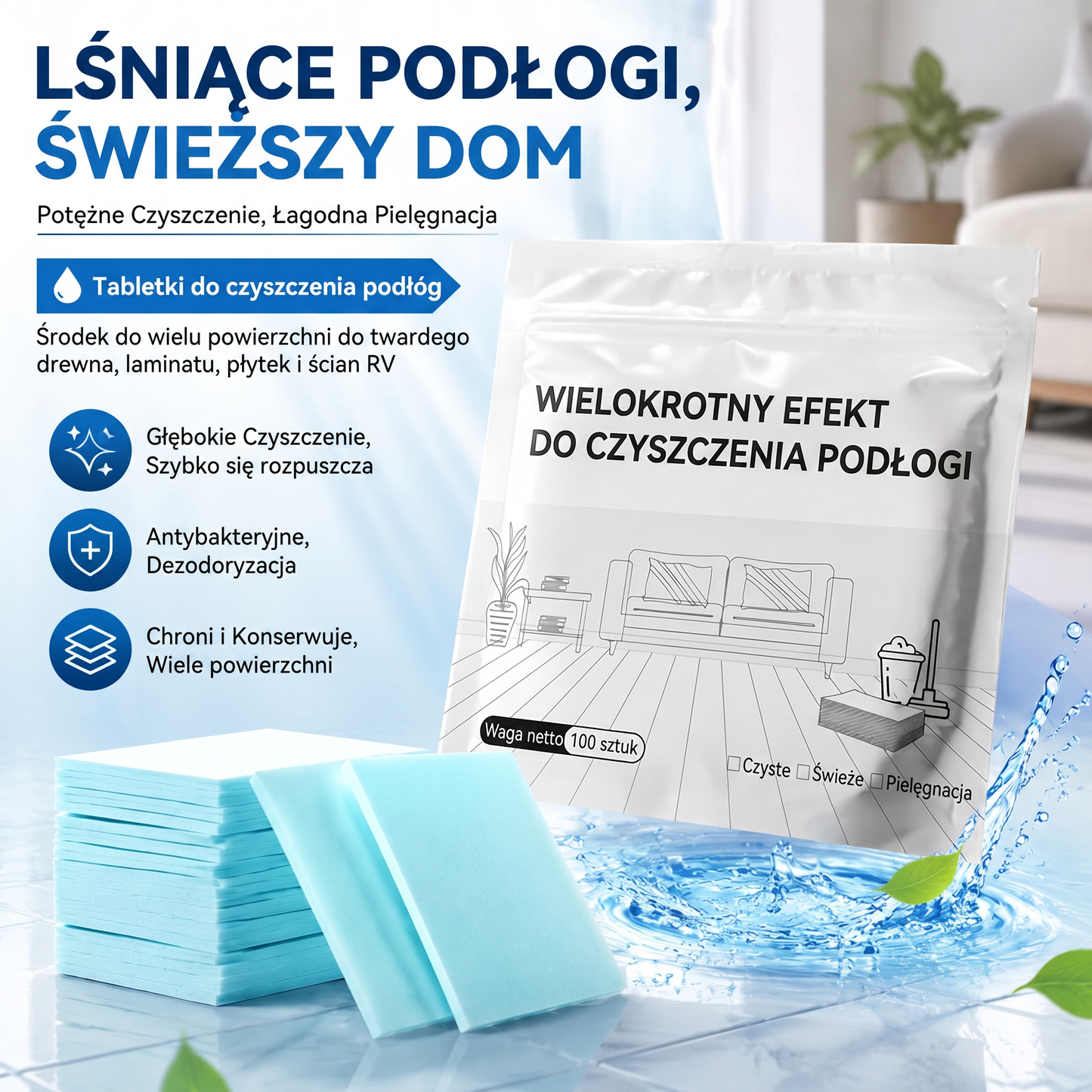 PKNEW®🫧 Tabletki do mycia podłóg🍇 – Uniwersalny środek czyszczący do powierzchni drewnianych, laminatowych, płytek oraz ścian w kamperach, o działaniu antybakteryjnym i odświeżającym.