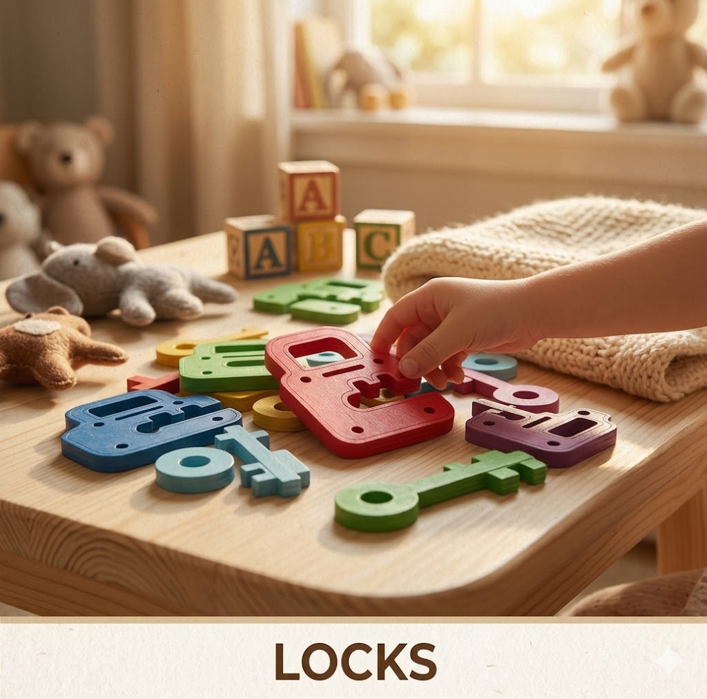 Wooden Lock & Key Matching Puzzle – 8-Color & Shape Sorting Toy, Montessori-Inspired Educational Learning Game for Toddlers
